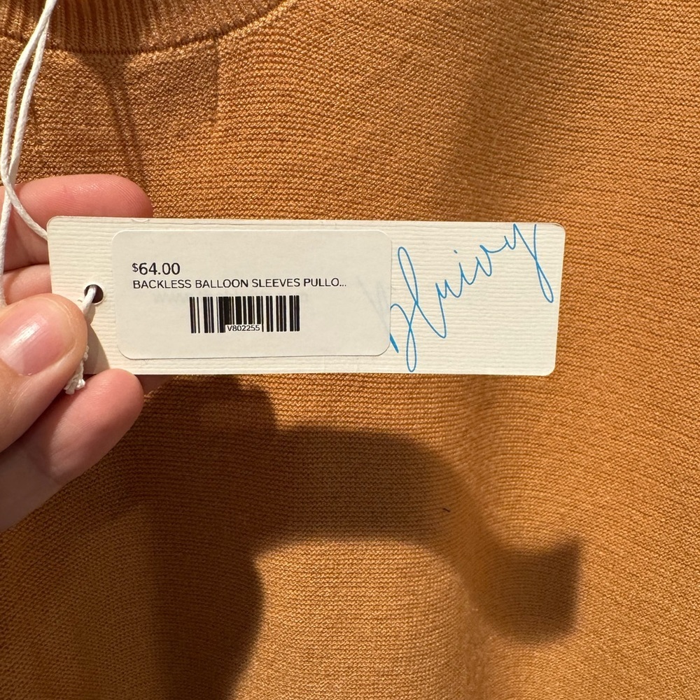 NWT Bluivy Backless Balloon Sleeve Pullover Sweater Carmel Brown Size Large - Picture 5 of 7